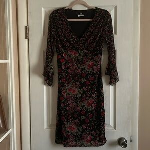 I.N. San Francisco Romantic Floral Rose Pattern Midi Dress Black Red Size L